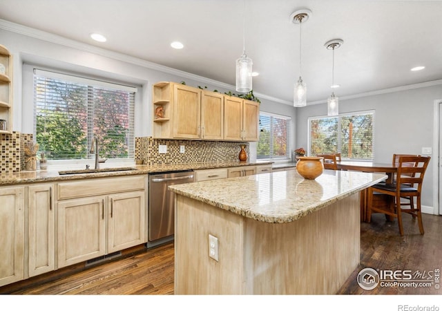 kitchen with stainless steel dishwasher, dark hardwood / wood-style floors, a healthy amount of sunlight, and sink