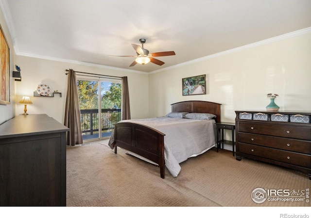 carpeted bedroom with access to outside, crown molding, and ceiling fan