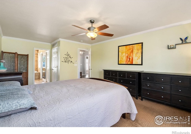 bedroom with ensuite bathroom, crown molding, light carpet, and ceiling fan