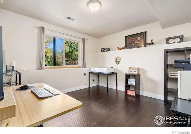 home office featuring dark wood-type flooring