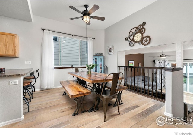 dining space featuring light hardwood / wood-style flooring and ceiling fan