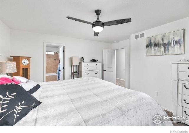 bedroom with connected bathroom and ceiling fan