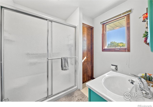 bathroom featuring vanity and a shower with shower door