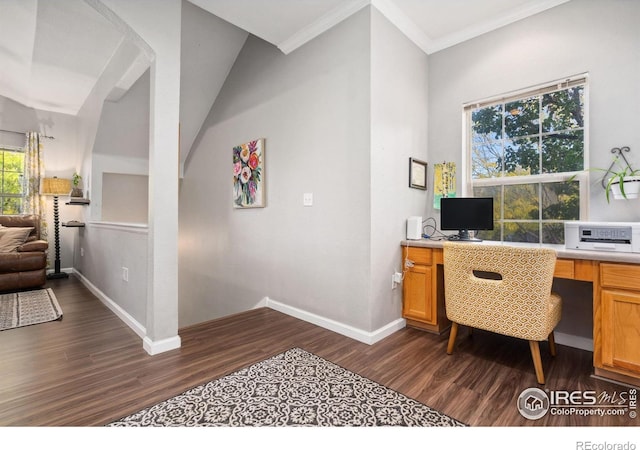 office space with built in desk, crown molding, a healthy amount of sunlight, and dark wood-type flooring