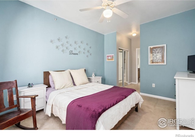 bedroom featuring carpet floors, a closet, and ceiling fan