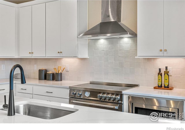 kitchen with decorative backsplash, wall chimney exhaust hood, sink, white cabinetry, and appliances with stainless steel finishes