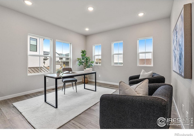 office with a healthy amount of sunlight and light hardwood / wood-style flooring