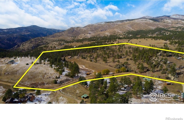 329 Snow Top Dr, Drake, CO 80515 - aerial view of sparsely populated area with mountains and property parcel outlined
