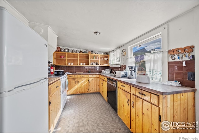 329 Snow Top Dr, Drake, CO 80515 - kitchen featuring white appliances, open shelves, and light colored carpet