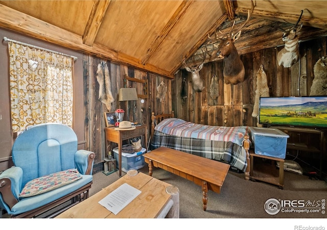 329 Snow Top Dr, Drake, CO 80515 - carpeted bedroom featuring wood walls and lofted ceiling