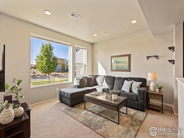 carpeted living room with a textured ceiling