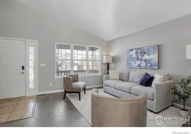 living room with wood-type flooring and vaulted ceiling