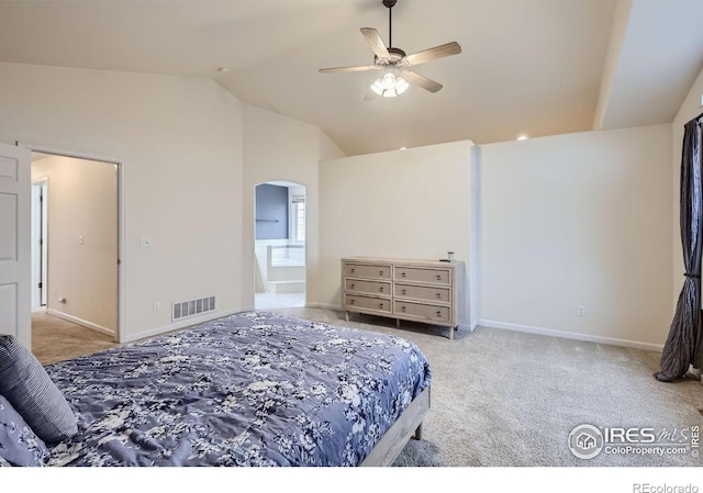 bedroom featuring light colored carpet, ceiling fan, and vaulted ceiling