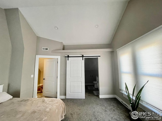 304 S High School Ave, Holyoke, CO 80734 - bedroom featuring carpet flooring, a barn door, and high vaulted ceiling