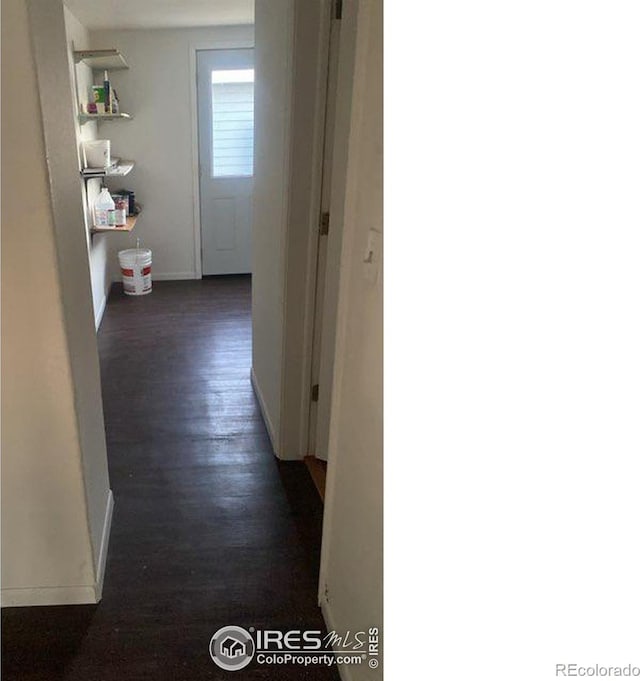 hallway with dark hardwood / wood-style flooring