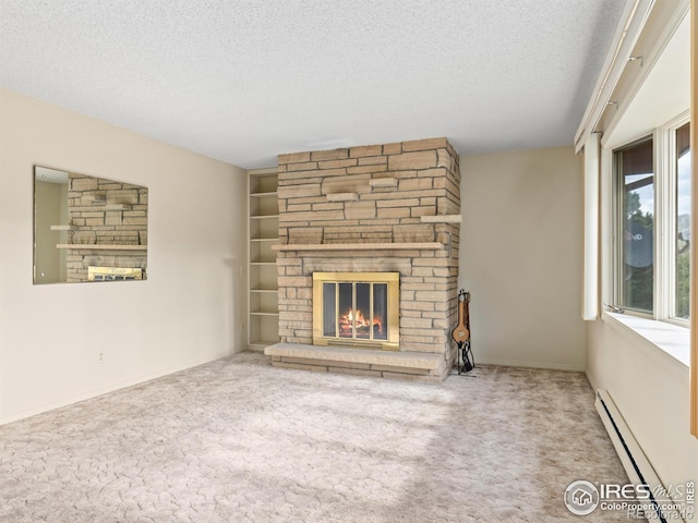 unfurnished living room with a stone fireplace, a textured ceiling, carpet floors, and baseboard heating