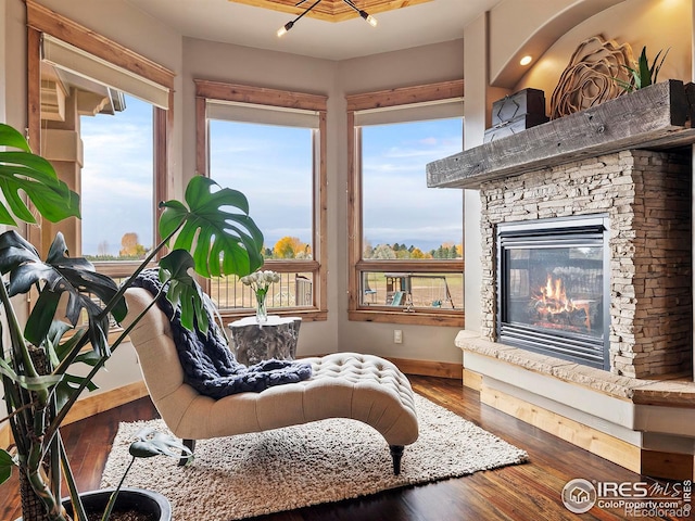 sitting room with a stone fireplace and wood-type flooring