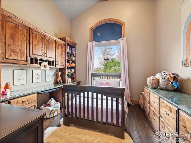 bedroom with lofted ceiling, dark hardwood / wood-style floors, and a crib