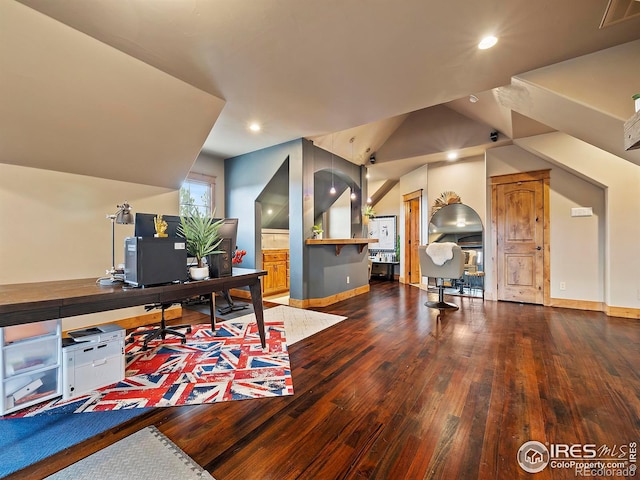 office space with hardwood / wood-style floors and vaulted ceiling