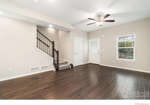 interior space featuring dark hardwood / wood-style floors and ceiling fan