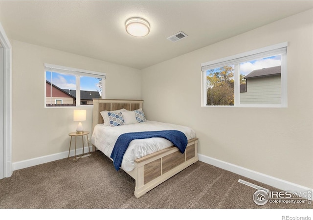 bedroom with multiple windows and dark colored carpet