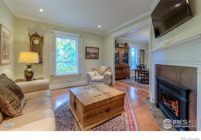 living room featuring ornamental molding, hardwood / wood-style flooring, and a tile fireplace