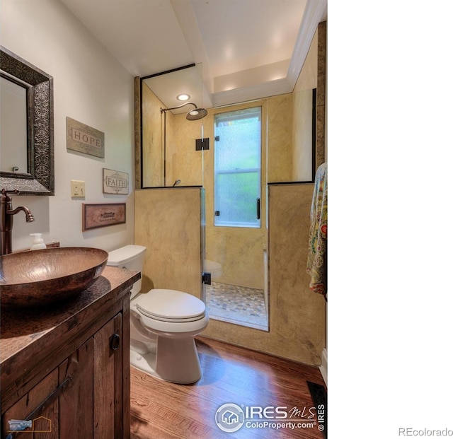 bathroom featuring vanity, toilet, hardwood / wood-style flooring, and an enclosed shower