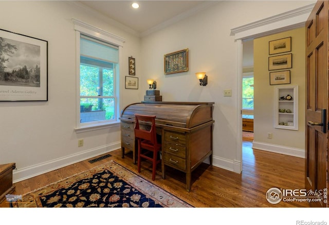 office featuring dark wood-type flooring and crown molding