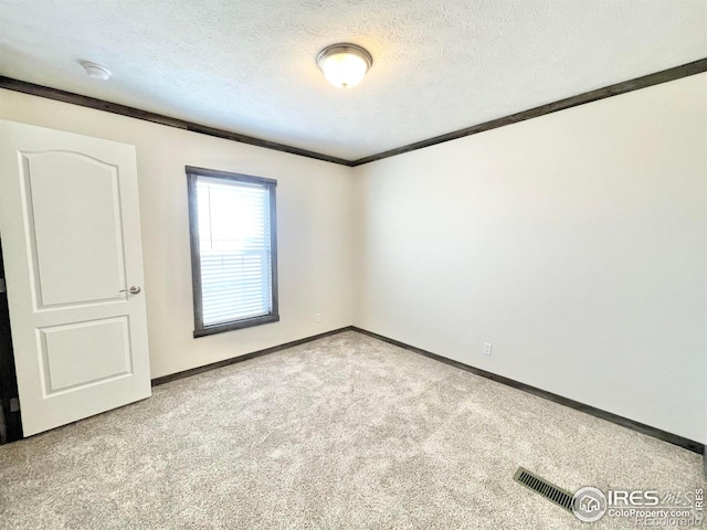 carpeted empty room featuring crown molding and a textured ceiling