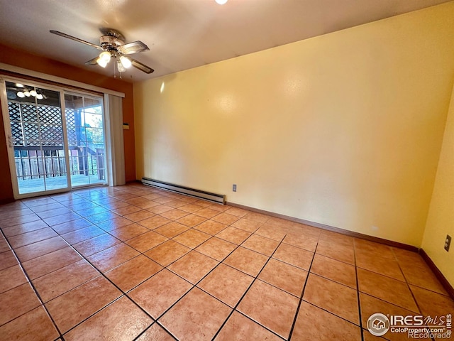 tiled empty room featuring a baseboard radiator and ceiling fan