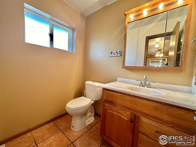 bathroom featuring toilet, ceiling fan, vanity, and tile patterned flooring