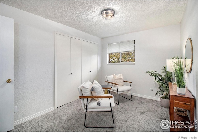 living area featuring light carpet and a textured ceiling