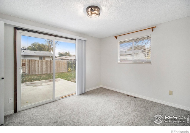 carpeted empty room featuring a textured ceiling and plenty of natural light