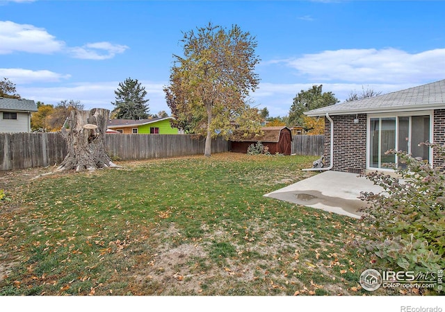 view of yard featuring a patio and a shed