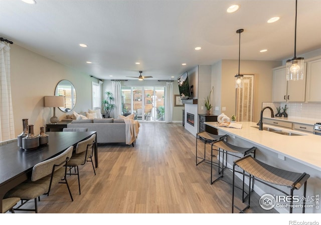 interior space with sink, light hardwood / wood-style floors, and ceiling fan