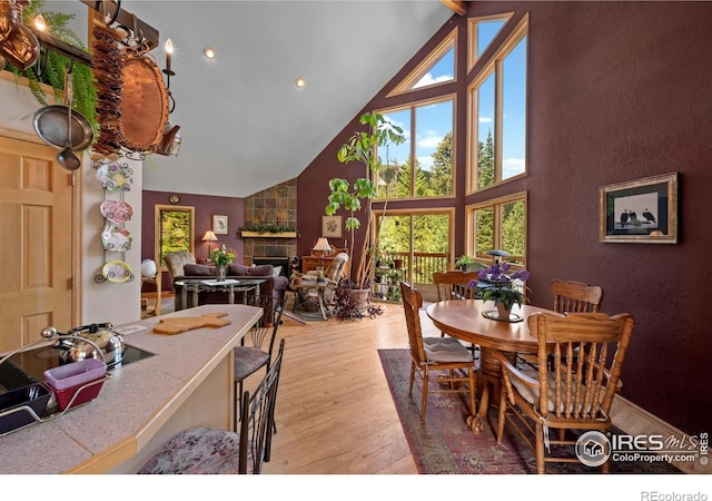 dining room with a fireplace, high vaulted ceiling, and light hardwood / wood-style floors