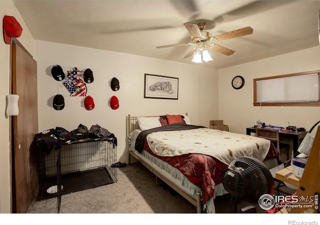 bedroom with ceiling fan and carpet