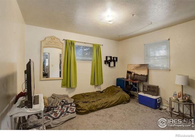 bedroom with a textured ceiling and carpet floors