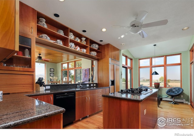 kitchen with light hardwood / wood-style flooring, dishwasher, a wealth of natural light, and stainless steel gas stovetop