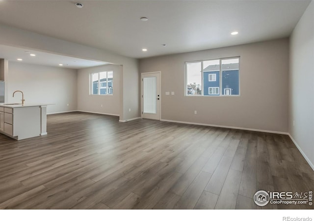 unfurnished living room featuring dark wood-type flooring and sink