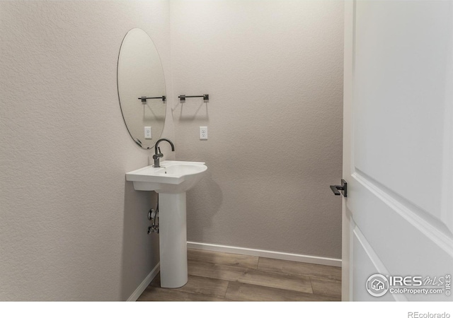 bathroom with hardwood / wood-style floors