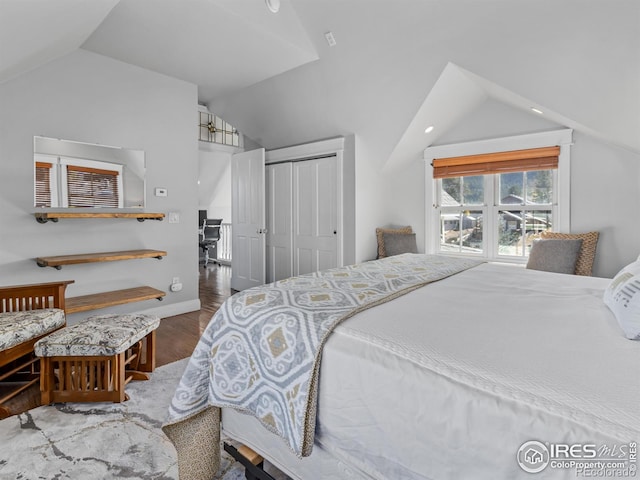 bedroom featuring lofted ceiling, wood-type flooring, and a closet