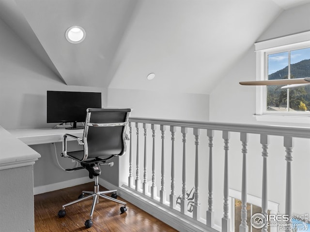 office area with lofted ceiling and dark wood-type flooring