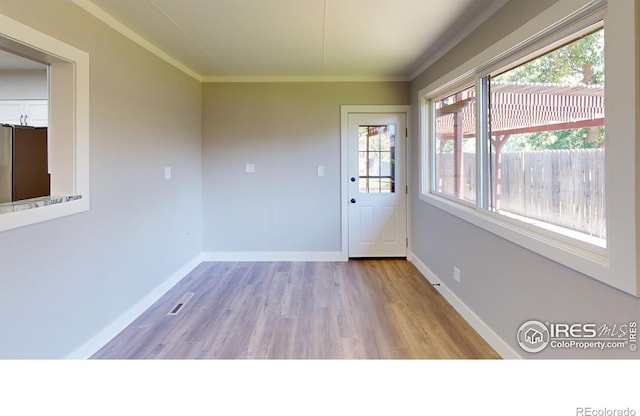 interior space with light hardwood / wood-style floors and crown molding