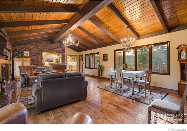 living room with a notable chandelier, vaulted ceiling with beams, hardwood / wood-style flooring, and wooden ceiling