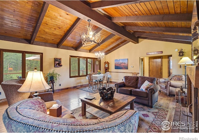 living room with wood ceiling, hardwood / wood-style flooring, an inviting chandelier, and lofted ceiling with beams