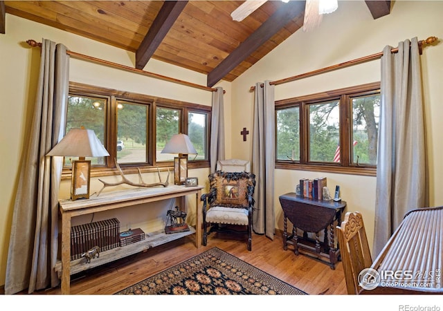 living area featuring lofted ceiling with beams, wood ceiling, light hardwood / wood-style floors, and ceiling fan