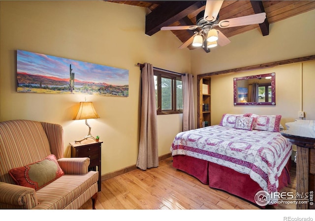 bedroom with light hardwood / wood-style flooring, lofted ceiling with beams, wooden ceiling, and ceiling fan