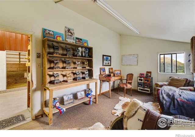 living room with carpet flooring and vaulted ceiling