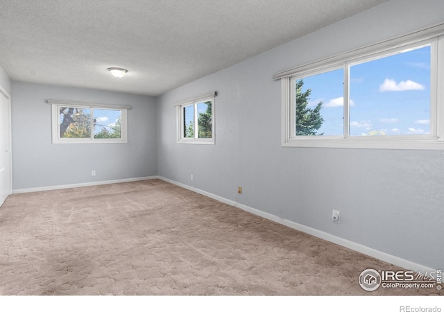 unfurnished room with a textured ceiling and light carpet